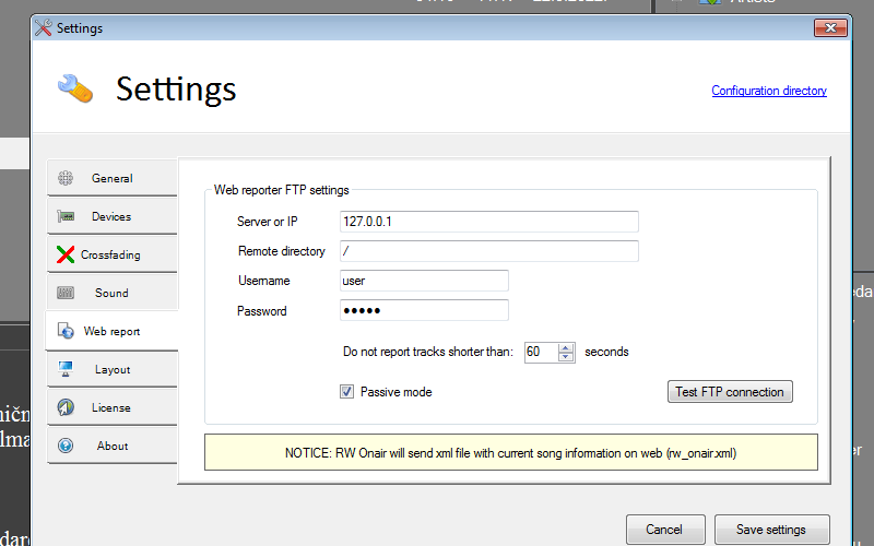 FTP data settings for sending the current tape to a web page