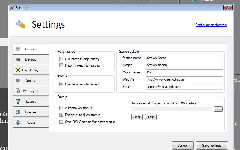 Basic view of the application settings form